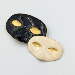 Brooch pin ceramic large two masquerade masks black, white, and gold